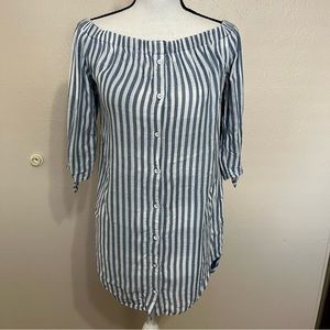 Cloth & Stone Anthropologie Blue Striped Off-Shoulder Button-Down Shirt Dress